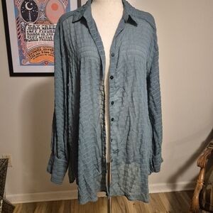 Beautiful  Textured Blue Green  Button-Up Shirt Med Free People NWT Oversized
